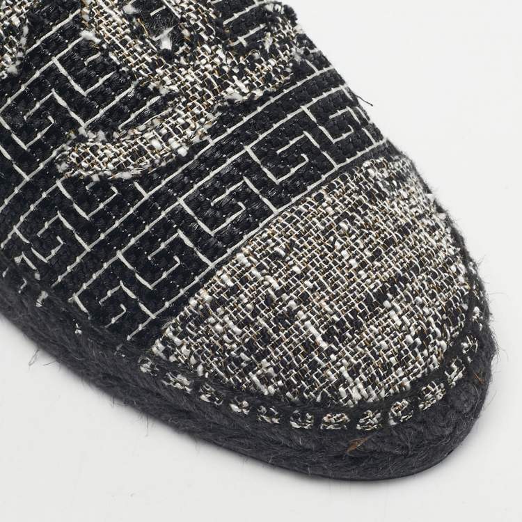 Pre Owned Chanel Black/White Tweed CC Espadrille Mules  Size 36