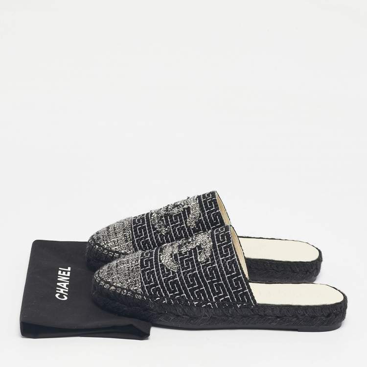 Pre Owned Chanel Black/White Tweed CC Espadrille Mules  Size 36