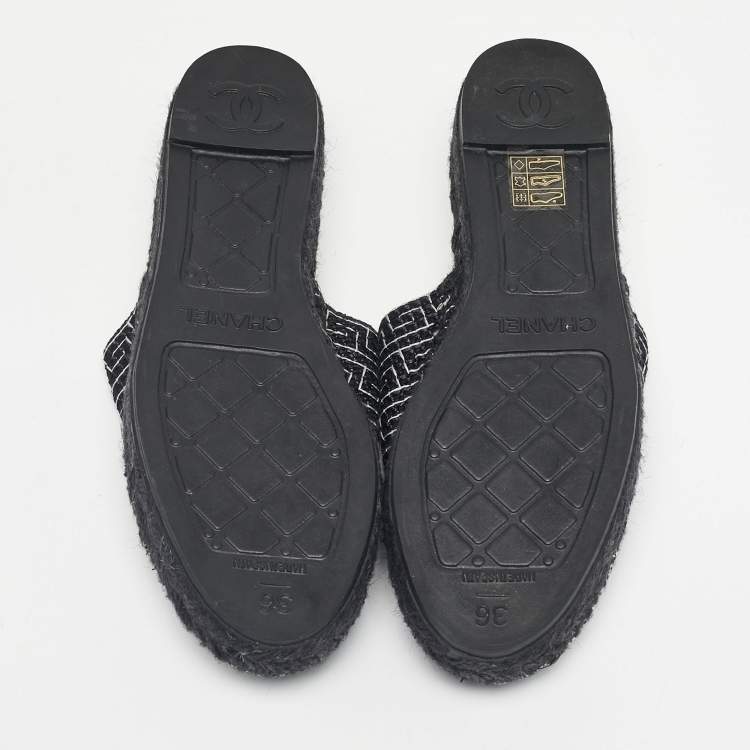 Pre Owned Chanel Black/White Tweed CC Espadrille Mules  Size 36