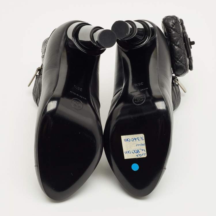 Pre Owned Chanel Black Leather CC Cap Toe  Ankle Length Boots Size 36.5