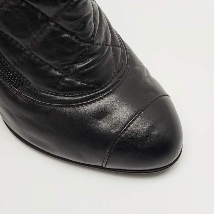 Pre Owned Chanel Black Leather CC Cap Toe  Ankle Length Boots Size 36.5