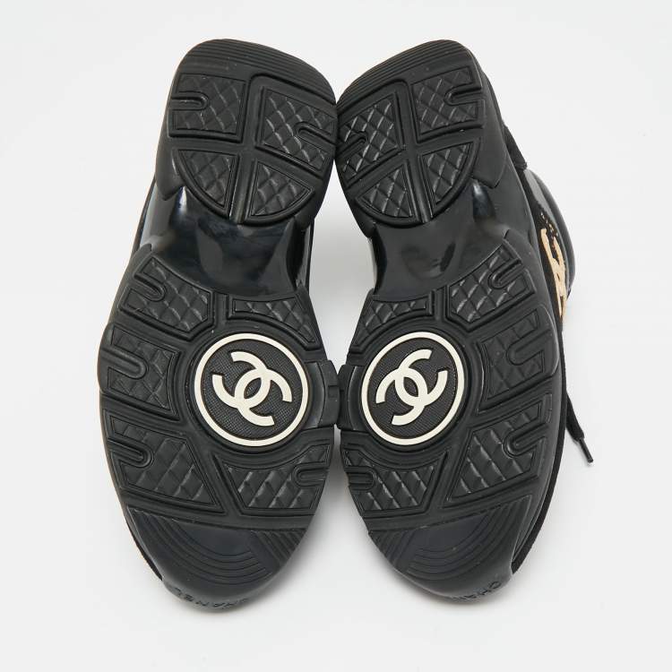 Pre Owned Chanel Black Leather and Tweed CC Logo Lace Up Sneakers Size 36