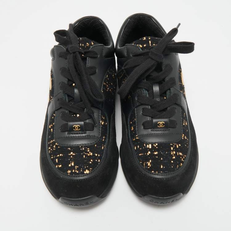 Pre Owned Chanel Black Leather and Tweed CC Logo Lace Up Sneakers Size 36
