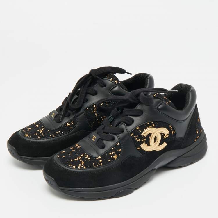 Pre Owned Chanel Black Leather and Tweed CC Logo Lace Up Sneakers Size 36