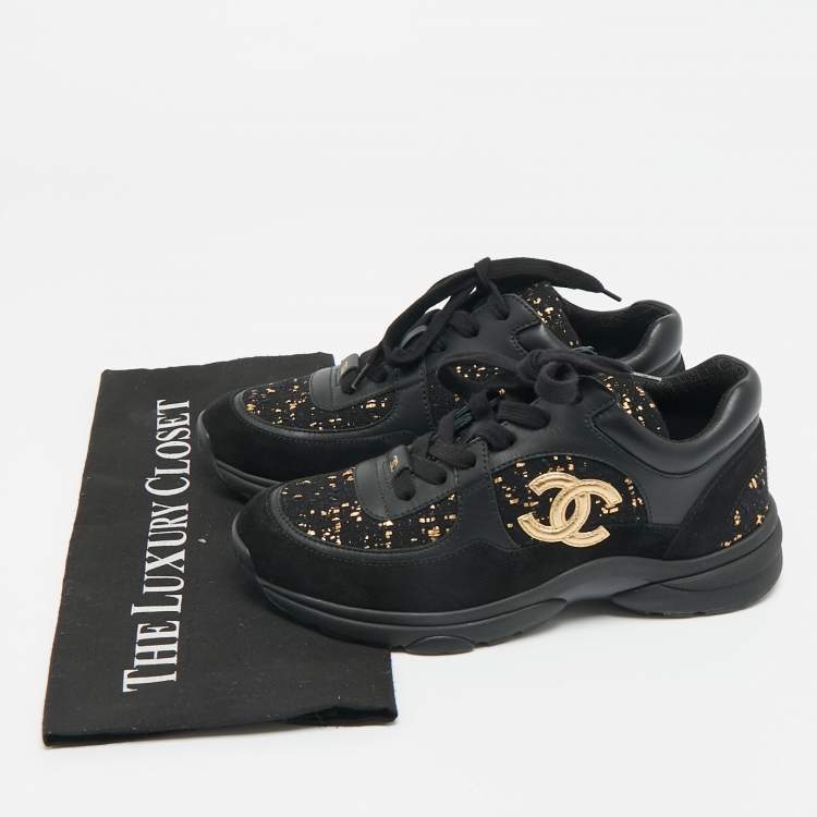 Pre Owned Chanel Black Leather and Tweed CC Logo Lace Up Sneakers Size 36