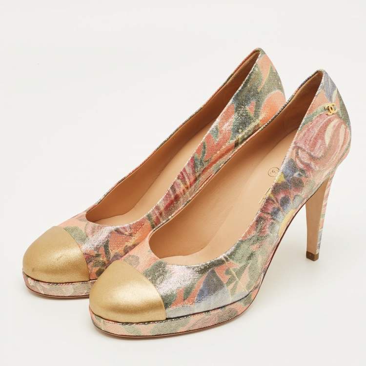 Pre Owned Chanel Multicolor Leather and Lurex Fabric CC Cap Toe Platform Pumps Size 40.5