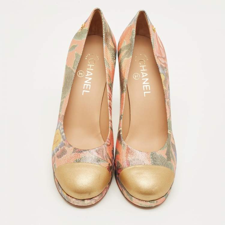 Pre Owned Chanel Multicolor Leather and Lurex Fabric CC Cap Toe Platform Pumps Size 40.5