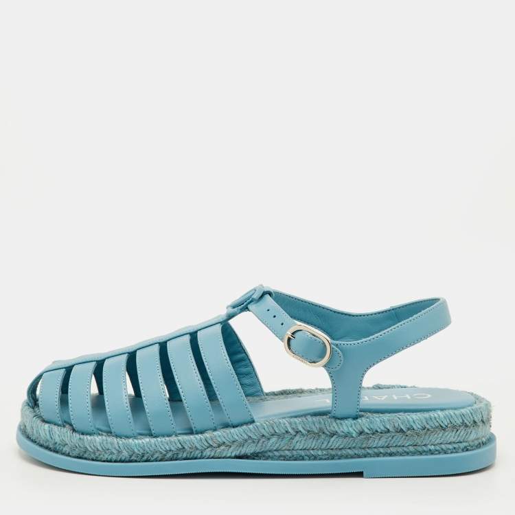Pre Owned Chanel Size 39 Light Blue Leather Interlocking CC Logo Gladiator Flat Sandals