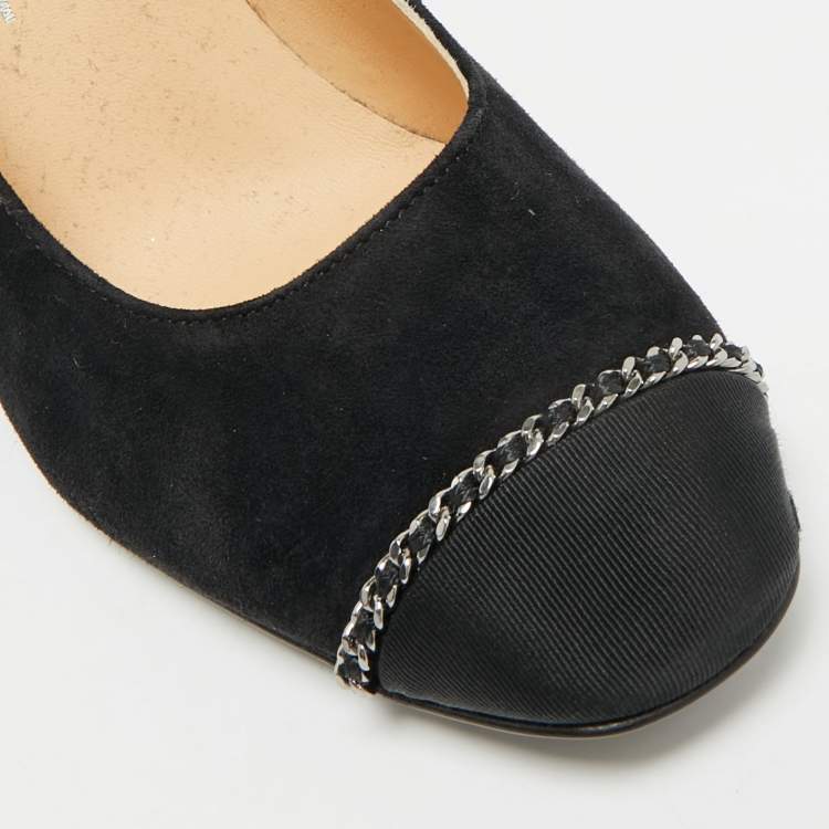Pre Owned Chanel CC Size 35.5 Black Canvas And Suede Cap Toe Block Heel Pumps