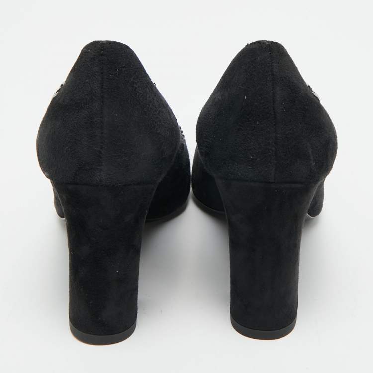 Pre Owned Chanel CC Size 35.5 Black Canvas And Suede Cap Toe Block Heel Pumps