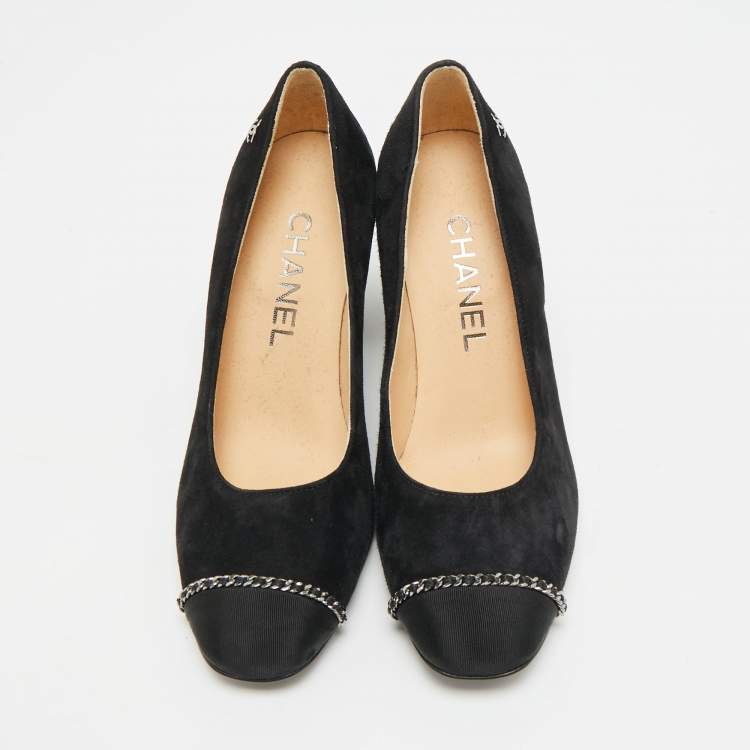 Pre Owned Chanel CC Size 35.5 Black Canvas And Suede Cap Toe Block Heel Pumps