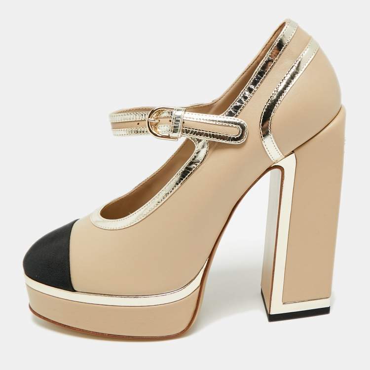 Pre Owned Chanel CC Size 39 Multicolor Leather and Grosgrain Mary Jane Pumps