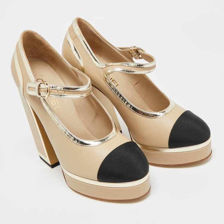 Pre Owned Chanel CC Size 39 Multicolor Leather and Grosgrain Mary Jane Pumps