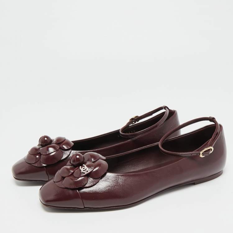 Pre Owned Chanel CC Camellia Size 37.5 Burgundy Leather Ankle Strap Ballet Flats