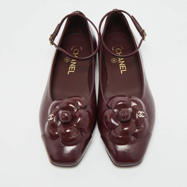 Pre Owned Chanel CC Camellia Size 37.5 Burgundy Leather Ankle Strap Ballet Flats