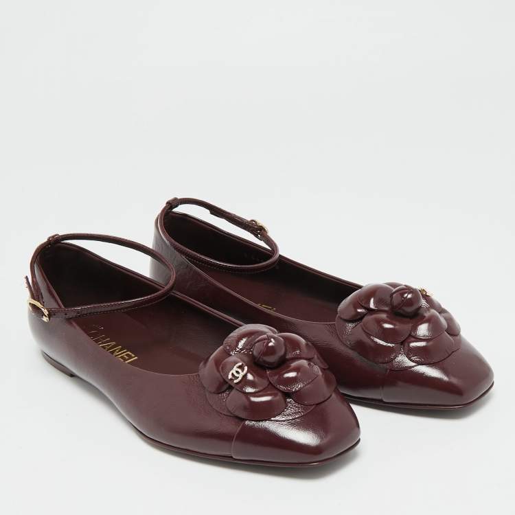 Pre Owned Chanel CC Camellia Size 37.5 Burgundy Leather Ankle Strap Ballet Flats