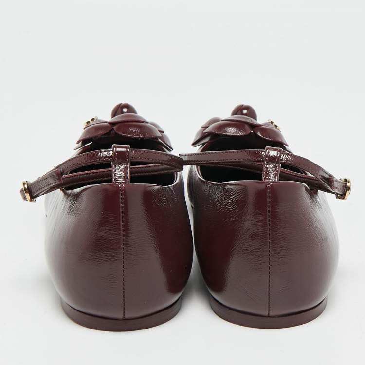 Pre Owned Chanel CC Camellia Size 37.5 Burgundy Leather Ankle Strap Ballet Flats