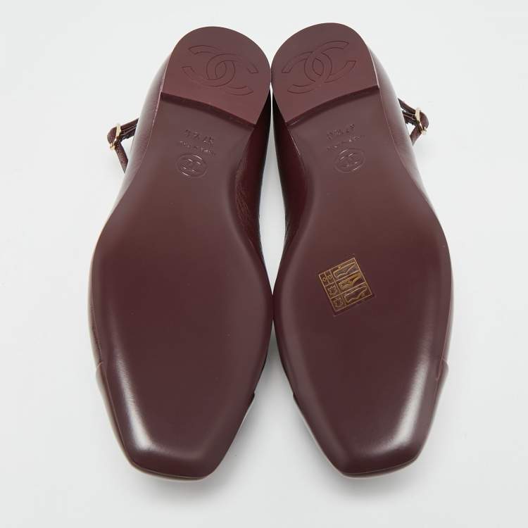 Pre Owned Chanel CC Camellia Size 37.5 Burgundy Leather Ankle Strap Ballet Flats