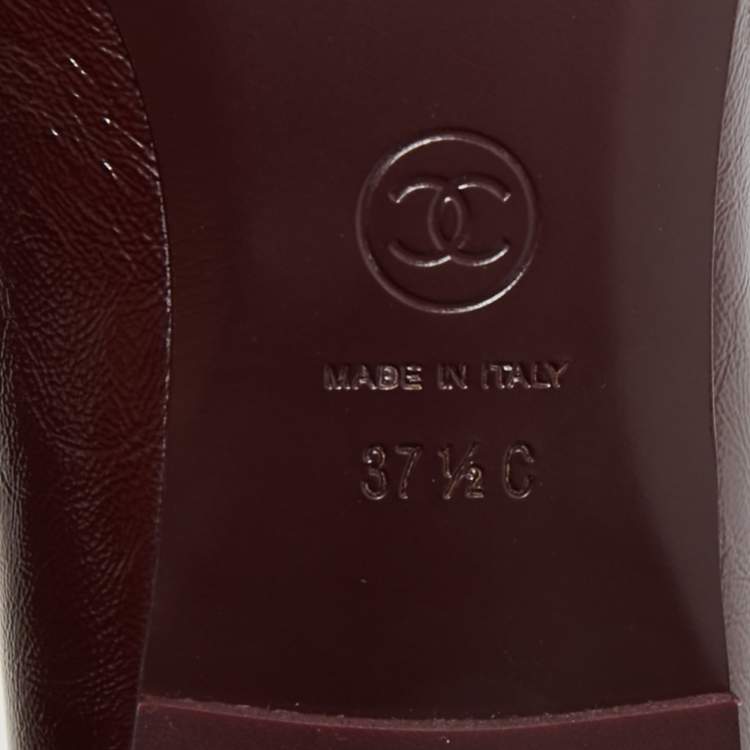 Pre Owned Chanel CC Camellia Size 37.5 Burgundy Leather Ankle Strap Ballet Flats