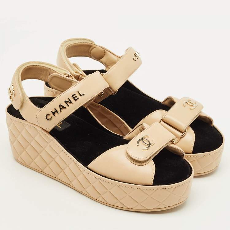 Pre Owned Chanel CC Size 39 Beige Leather Platform Wedge Sandals