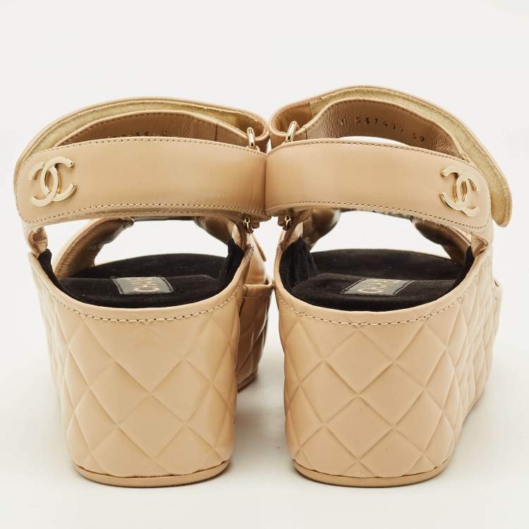Pre Owned Chanel CC Size 39 Beige Leather Platform Wedge Sandals