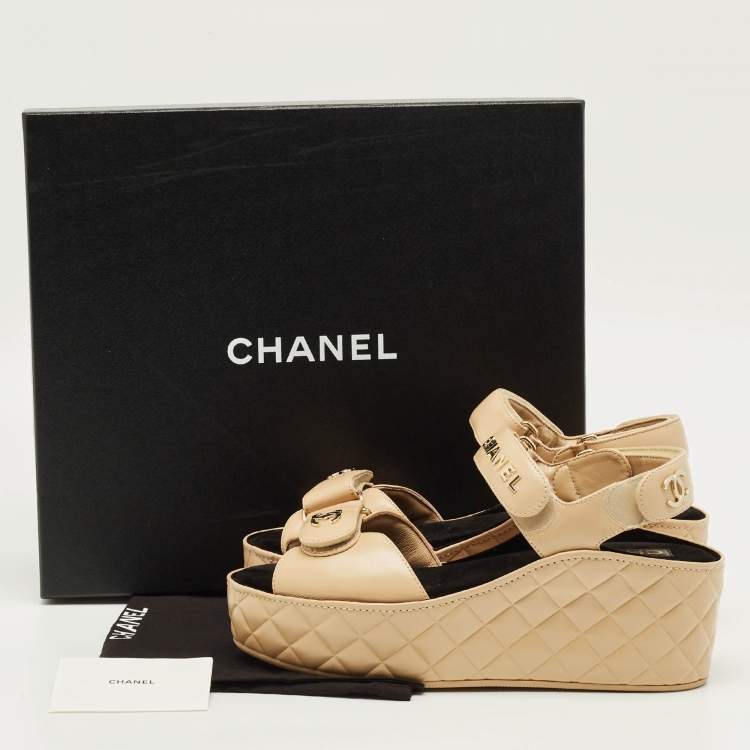 Pre Owned Chanel CC Size 39 Beige Leather Platform Wedge Sandals