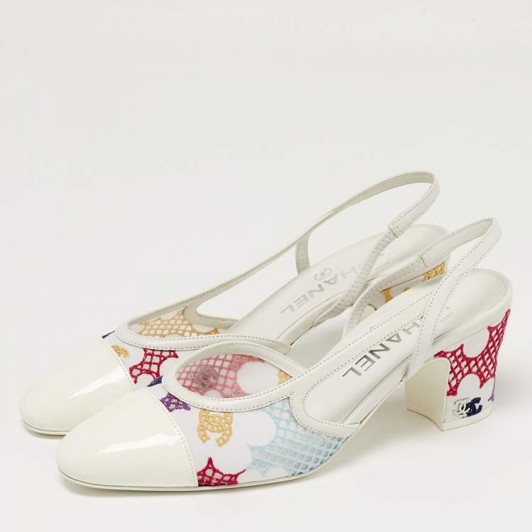 Pre Owned Chanel Size 37 Multicolor Fabric and Patent Leather Cap Toe Block Heel Slingback Pumps