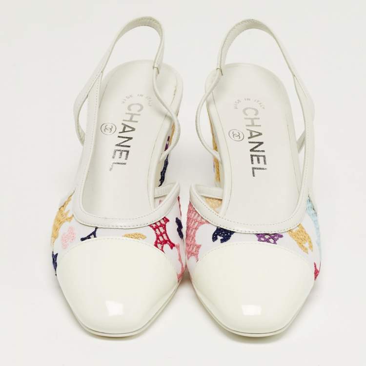 Pre Owned Chanel Size 37 Multicolor Fabric and Patent Leather Cap Toe Block Heel Slingback Pumps