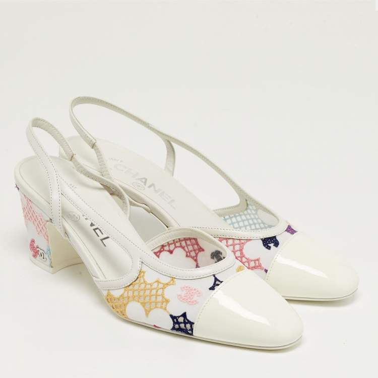 Pre Owned Chanel Size 37 Multicolor Fabric and Patent Leather Cap Toe Block Heel Slingback Pumps