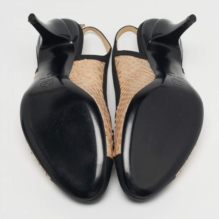 Pre Owned Chanel CC Size 39 Beige/Black Snakeskin and Fabric Bow Cap Toe Slingback Pumps