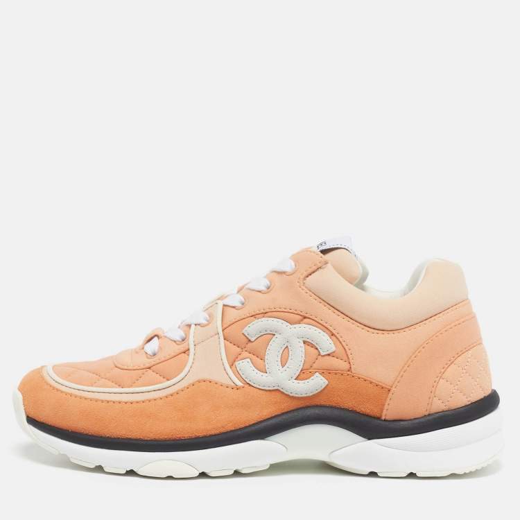 Pre Owned Chanel CC Size 37.5 Orange Fabric and Suede Lace Up Sneakers