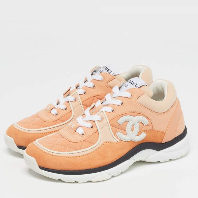 Pre Owned Chanel CC Size 37.5 Orange Fabric and Suede Lace Up Sneakers