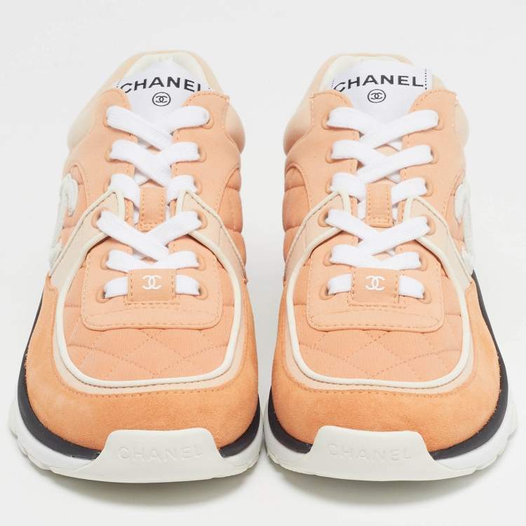 Pre Owned Chanel CC Size 37.5 Orange Fabric and Suede Lace Up Sneakers
