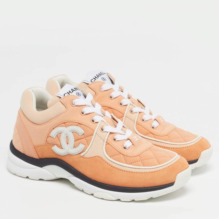 Pre Owned Chanel CC Size 37.5 Orange Fabric and Suede Lace Up Sneakers