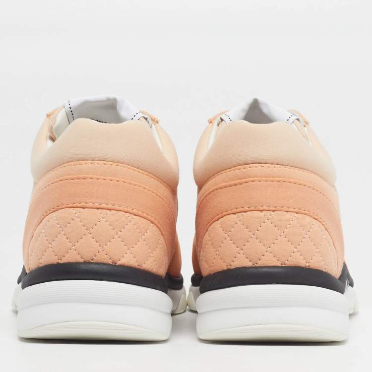 Pre Owned Chanel CC Size 37.5 Orange Fabric and Suede Lace Up Sneakers