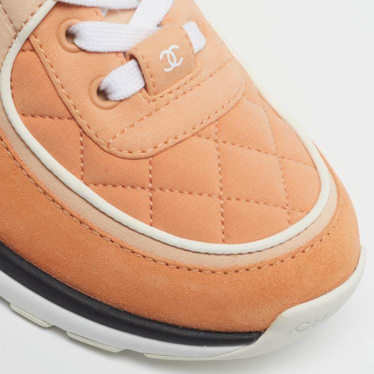 Pre Owned Chanel CC Size 37.5 Orange Fabric and Suede Lace Up Sneakers