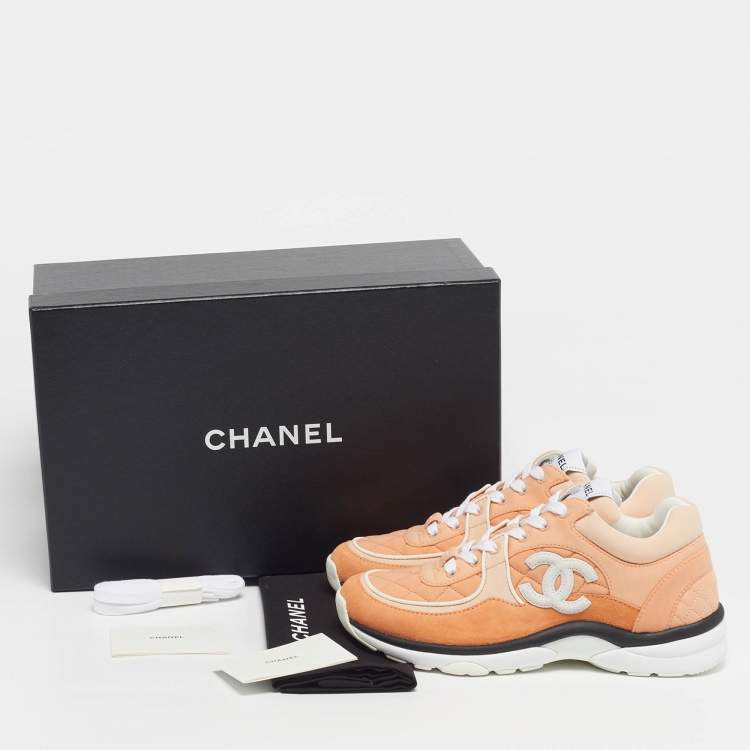 Pre Owned Chanel CC Size 37.5 Orange Fabric and Suede Lace Up Sneakers