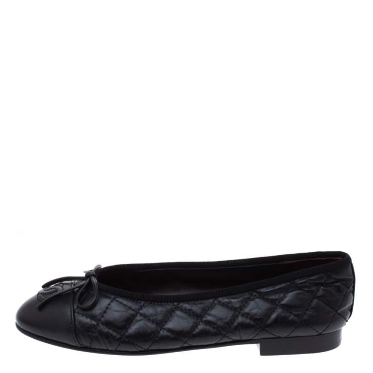 Chanel Black Quilted Leather CC Bow Cap Toe Ballet Flats Size 36 Chanel
