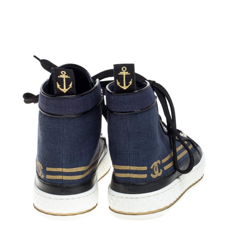 Pre Owned Chanel Blue/Black Canvas and Leather High Top Sneakers Size 36.5