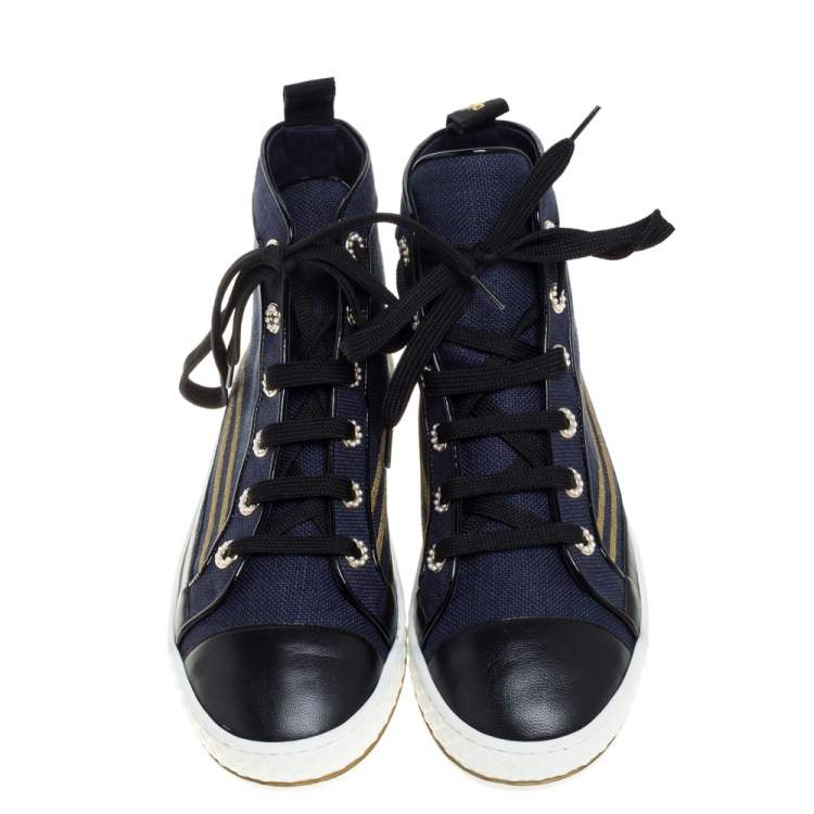 Pre Owned Chanel Blue/Black Canvas and Leather High Top Sneakers Size 36.5