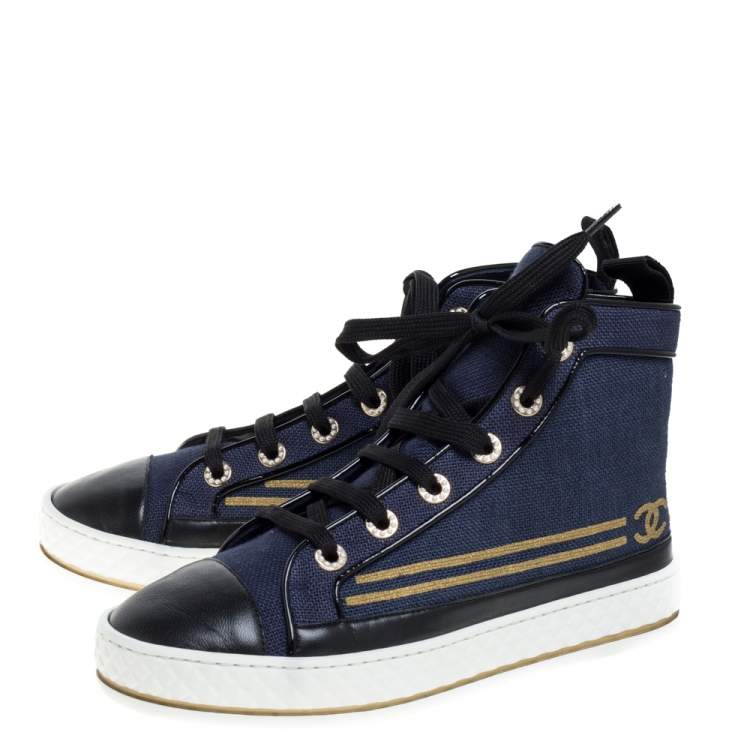 Pre Owned Chanel Blue/Black Canvas and Leather High Top Sneakers Size 36.5