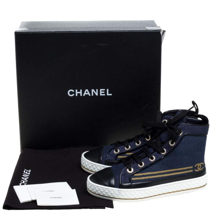 Pre Owned Chanel Blue/Black Canvas and Leather High Top Sneakers Size 36.5