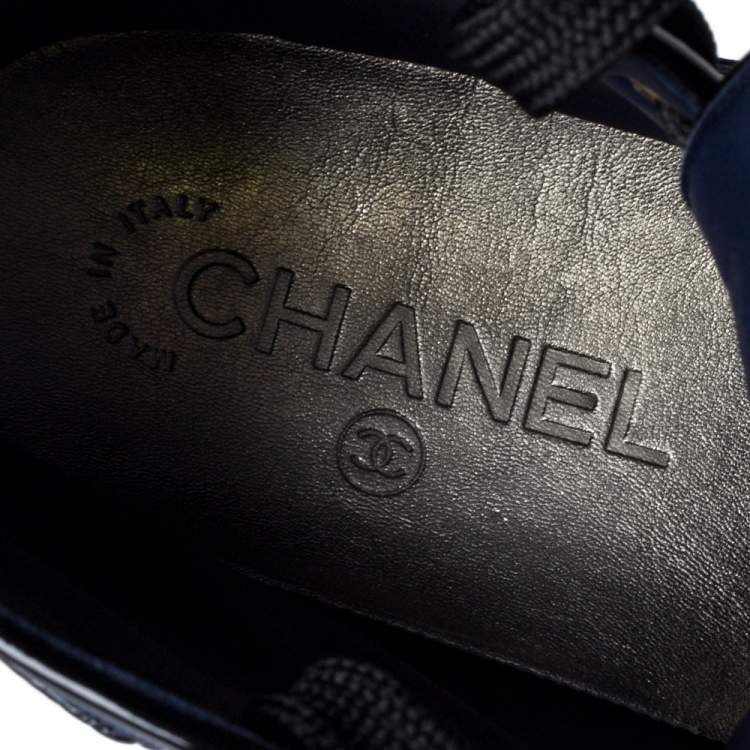 Pre Owned Chanel Blue/Black Canvas and Leather High Top Sneakers Size 36.5
