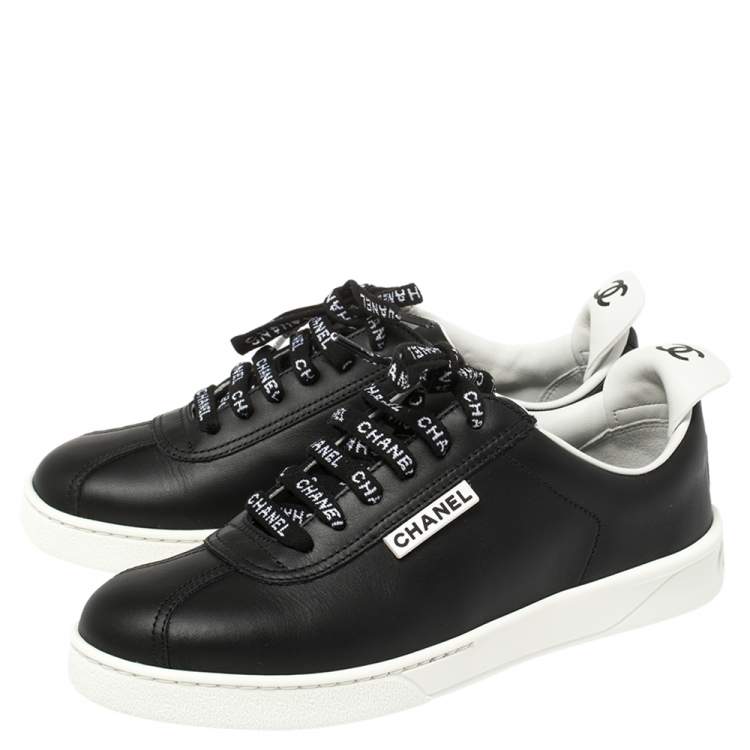 Pre Owned Chanel Black Leather Logo Lace Up CC Low Top Sneakers Size 36