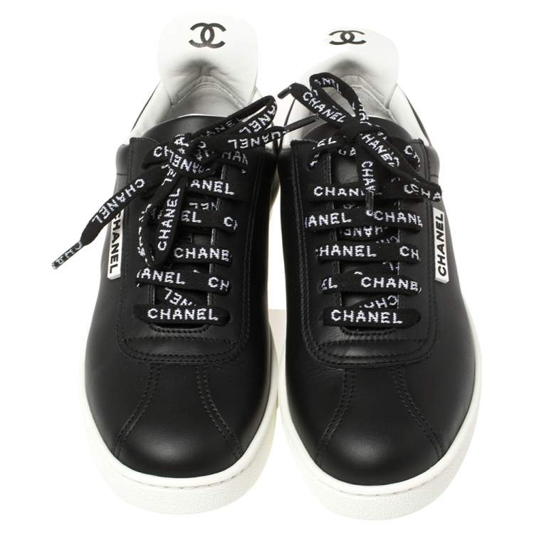 Pre Owned Chanel Black Leather Logo Lace Up CC Low Top Sneakers Size 36