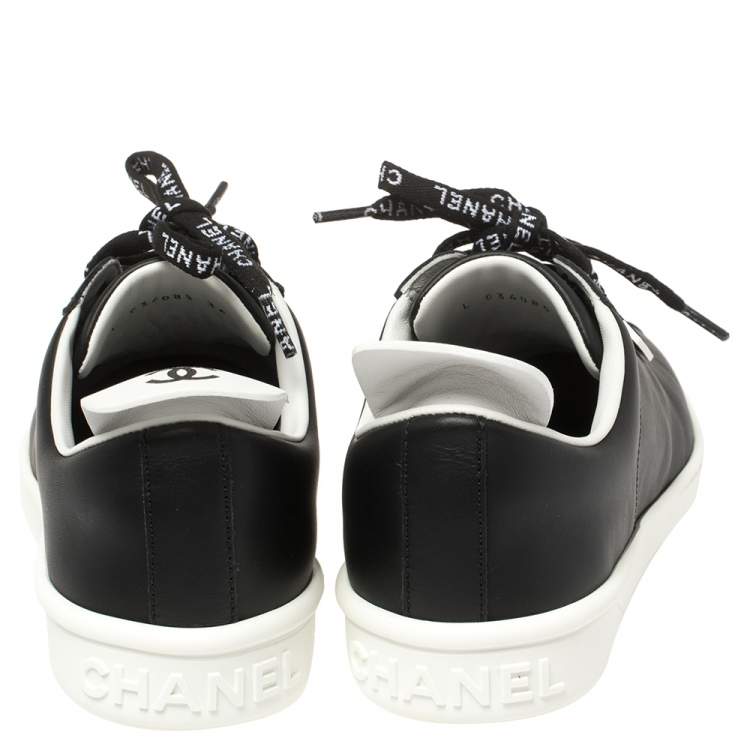Pre Owned Chanel Black Leather Logo Lace Up CC Low Top Sneakers Size 36