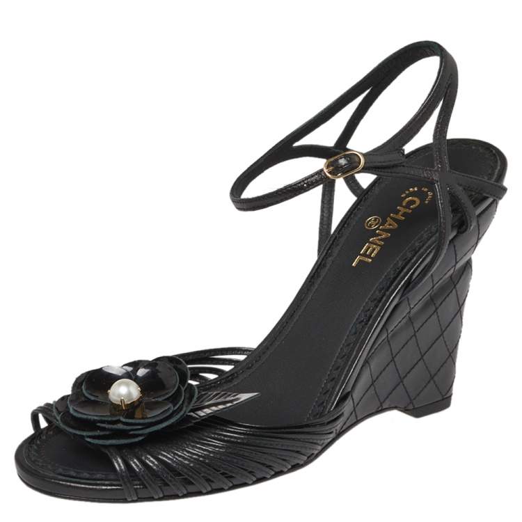 Chanel Black Leather Pearl-Embellished Wedge Sandals Size 38 Chanel | The  Luxury Closet