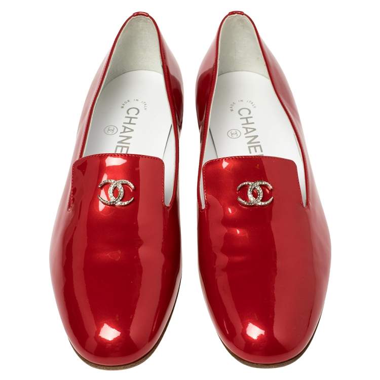 Pre Owned Chanel Red Patent Leather Crystal CC Slip On Loafers Size 39.5