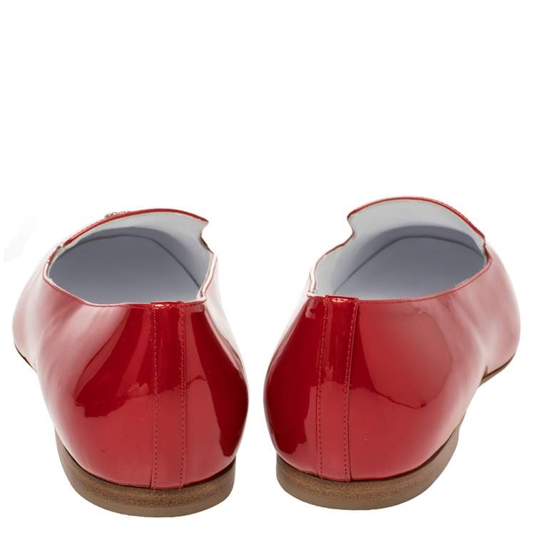 Pre Owned Chanel Red Patent Leather Crystal CC Slip On Loafers Size 39.5