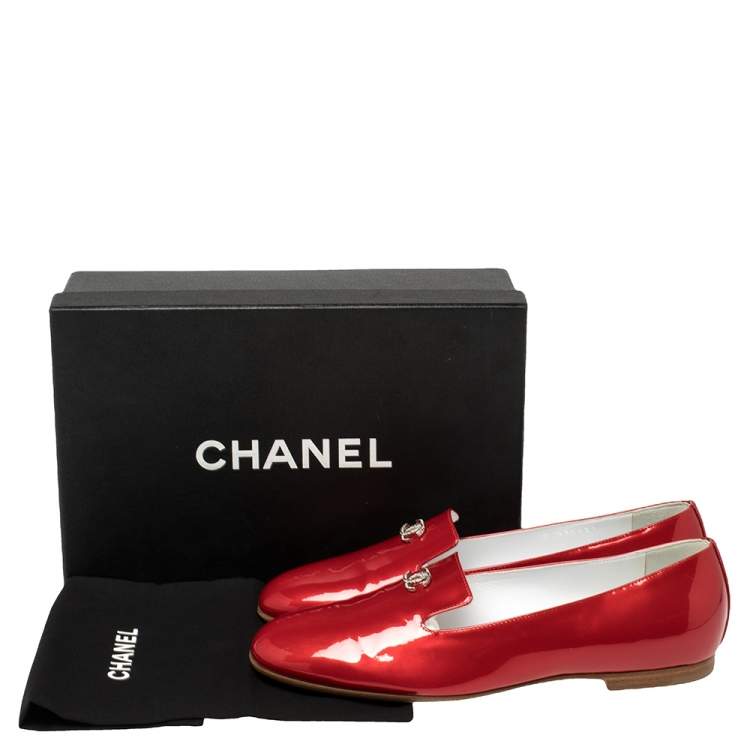 Pre Owned Chanel Red Patent Leather Crystal CC Slip On Loafers Size 39.5